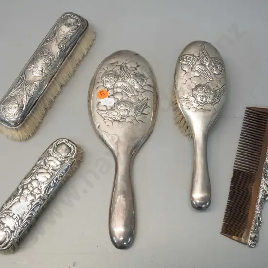 vintage sterling silver dressing table set with winged angels motif - handled hair brush, mirror L270, comb, 2 clothes