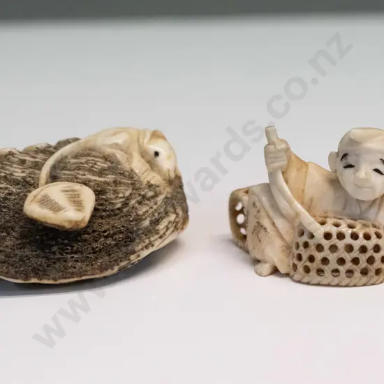 2 Japanese carved bone netsuke - mouse & shells L-55, fisherman with baskets has initials on base