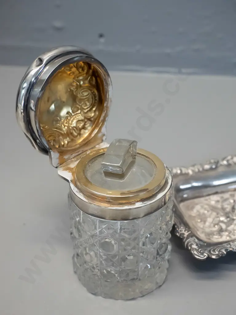 2 vintage sterling silver items - tray L-225 W-85 and depression glass lidded pot - both monogramed Image 1++
