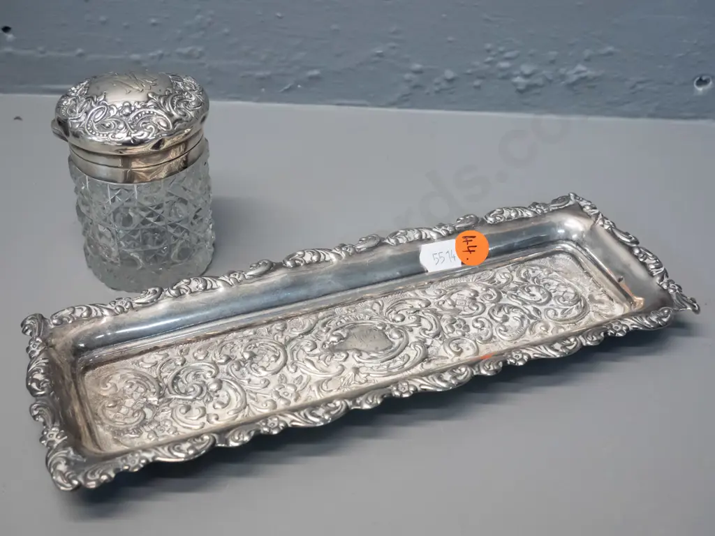 2 vintage sterling silver items - tray L-225 W-85 and depression glass lidded pot - both monogramed Image 1++
