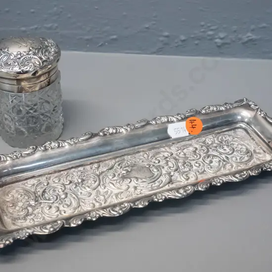 2 vintage sterling silver items - tray L-225 W-85 and depression glass lidded pot - both monogramed