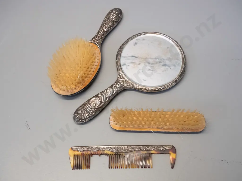 sterling silver dressing table set - handled hair brush, mirror L240, clothes brush & comb with many missing teeth - all Image 1++
