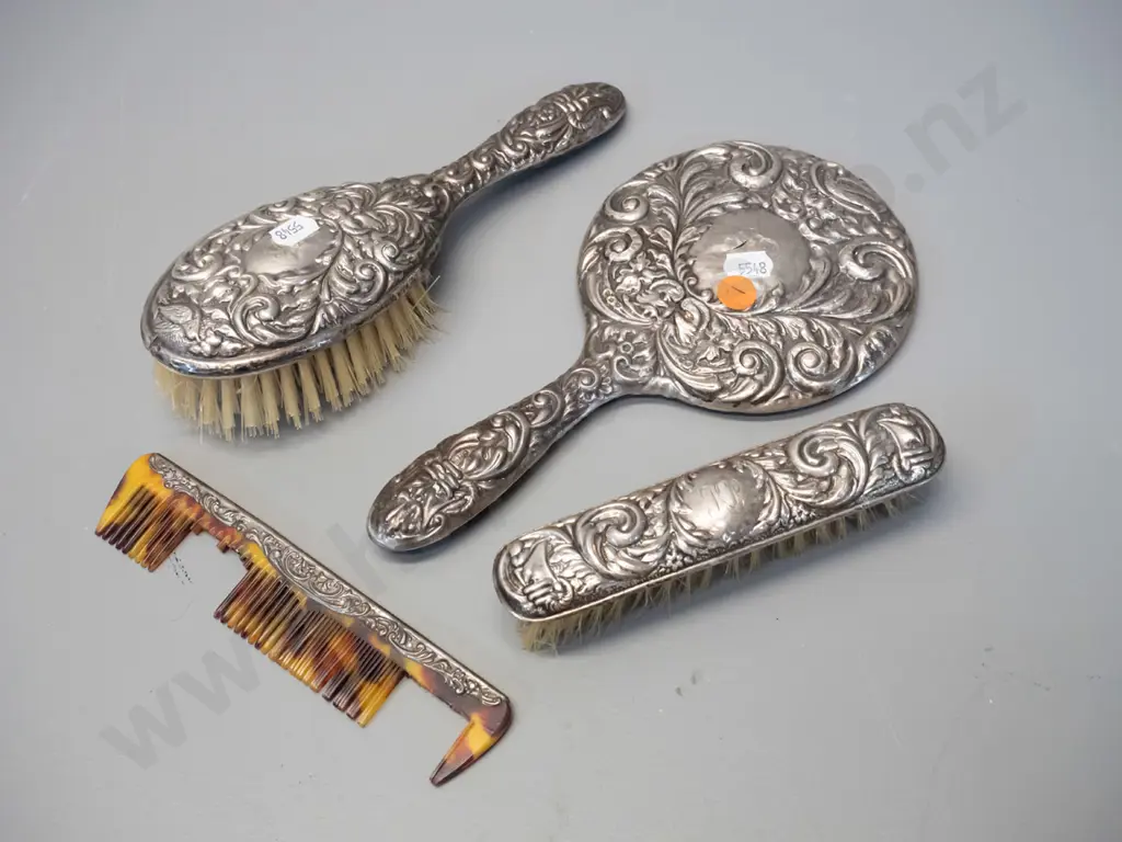 sterling silver dressing table set - handled hair brush, mirror L240, clothes brush & comb with many missing teeth - all Image 1++