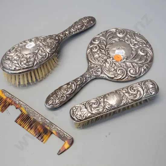 sterling silver dressing table set - handled hair brush, mirror L240, clothes brush & comb with many missing teeth - all