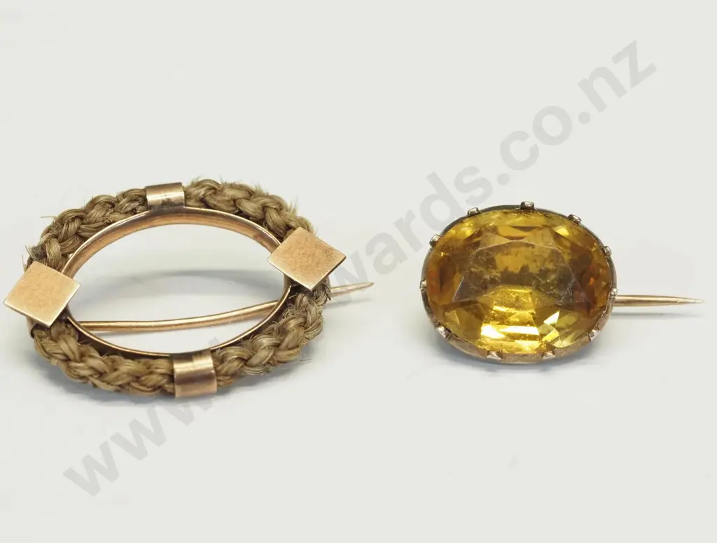 9ct rose gold mourning brooch with plaited bezel of hair, oval claw set yellowstone brooch Image 1++