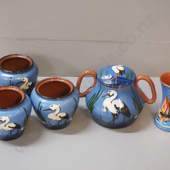 5 pieces Watcombe's Torquay ware pottery - 4  heron pattern including lidded pot H-110 W-150 and a small vase