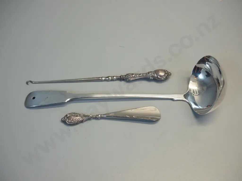 (sterling silver?) large ladle L-310, sterling silver shoehorn and button hook - shoehorn has damage to handle Image 1++