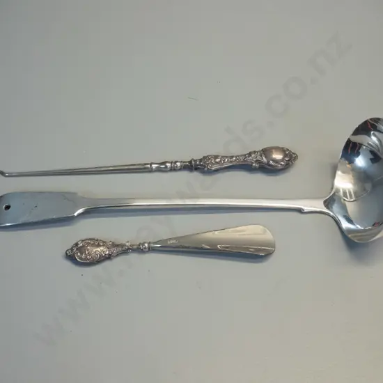 (sterling silver?) large ladle L-310, sterling silver shoehorn and button hook - shoehorn has damage to handle
