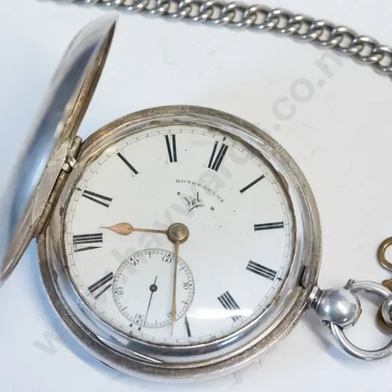silver pocket watch with chain, key stamped lion, anchor f, JR 604