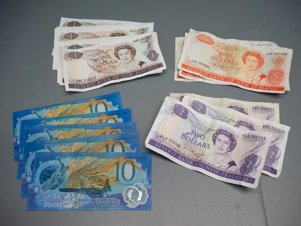 New Zealand bank notes - 5 Millennium $10 notes and assorted $1, $2, and $5 - all in used condition Image 1++