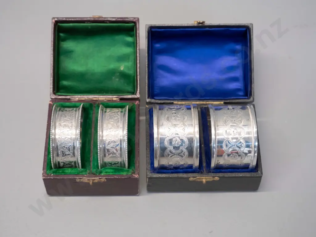 2 cased pairs of sterling silver napkin rings with etched patterns Image 1++