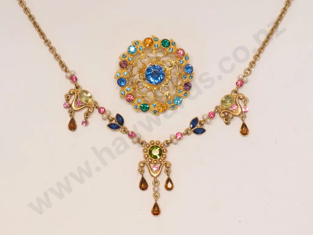 multi coloured crystal necklace & brooch Image 1++