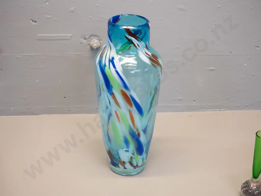large art glass vase - mottled multi colours over turquoise H-330 D-130 Image 1++