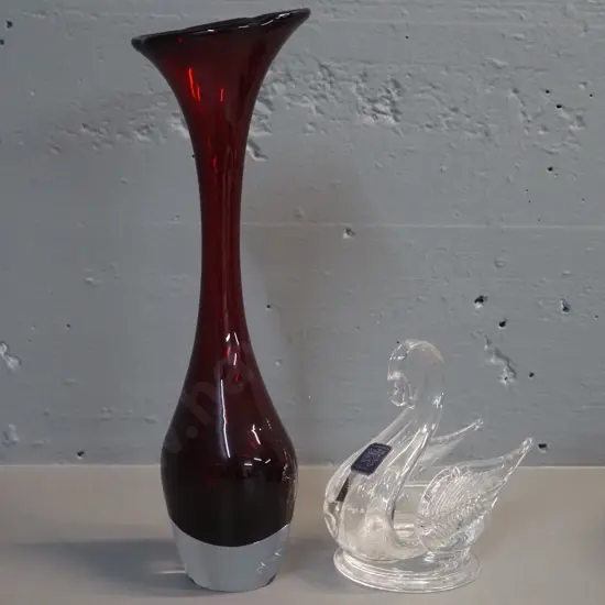 claret colour Jack-in-the-pulpit large vase H-320 and an Edinburgh crystal swan vase