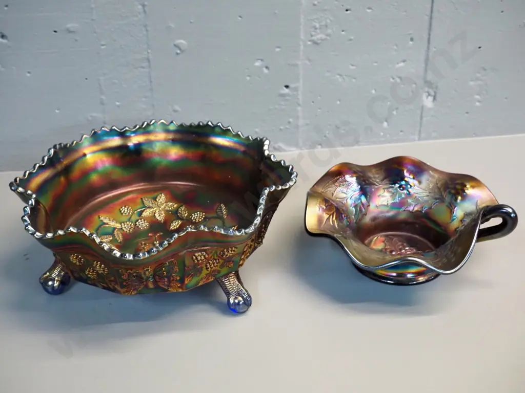 2 pieces blue colour carnival glass - footed butterfly pattern bowl H-100 D-220 and a handled dish Image 1++