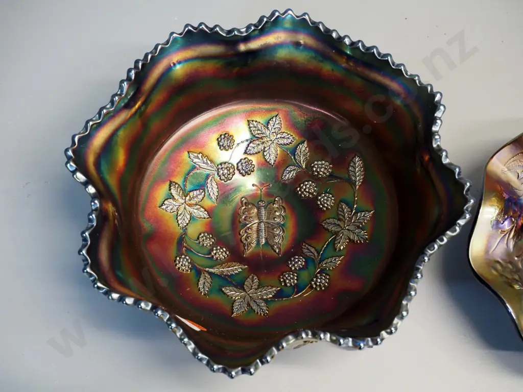 2 pieces blue colour carnival glass - footed butterfly pattern bowl H-100 D-220 and a handled dish Image 1++