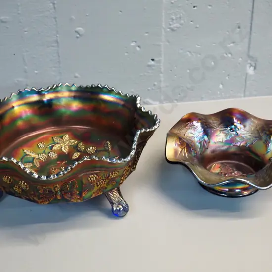 2 pieces blue colour carnival glass - footed butterfly pattern bowl H-100 D-220 and a handled dish