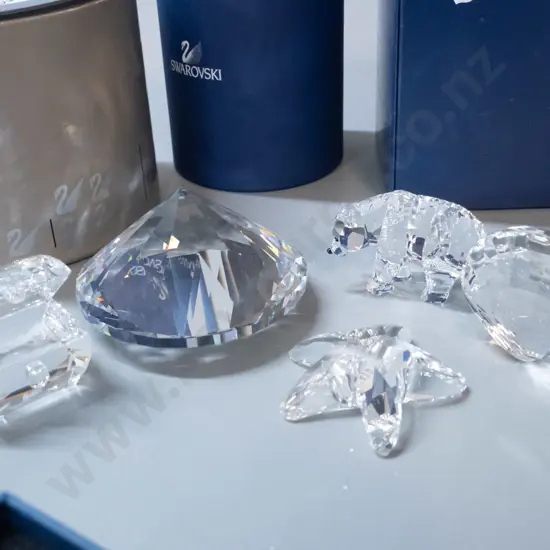 5 Swarovski crystal ornaments in original boxes - starfish, shell, chest, bear, geometric paperweight