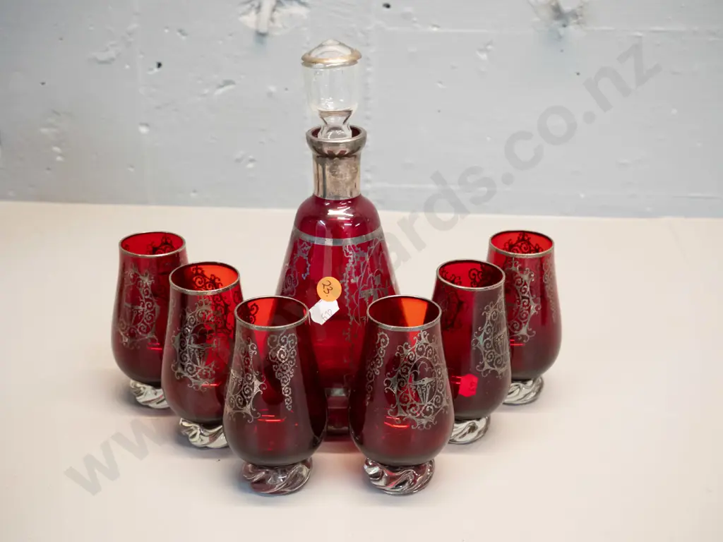 Venetian style ruby glass 7-piece stoppered decanter set with silvered decoration - decanter is H-230 Image 1++