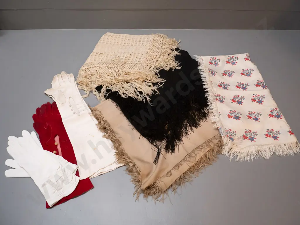 assorted vintage shawls / table covers and 3 pairs lady's gloves - 2 kid, 1 satin, all have some marks Image 1++