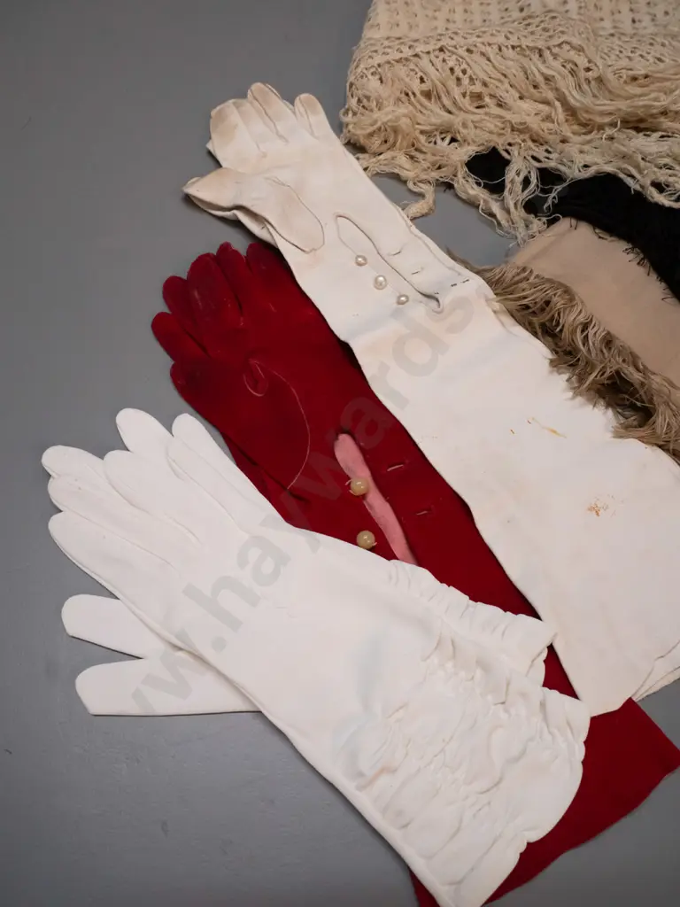 assorted vintage shawls / table covers and 3 pairs lady's gloves - 2 kid, 1 satin, all have some marks Image 1++