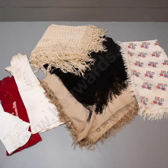 assorted vintage shawls / table covers and 3 pairs lady's gloves - 2 kid, 1 satin, all have some marks