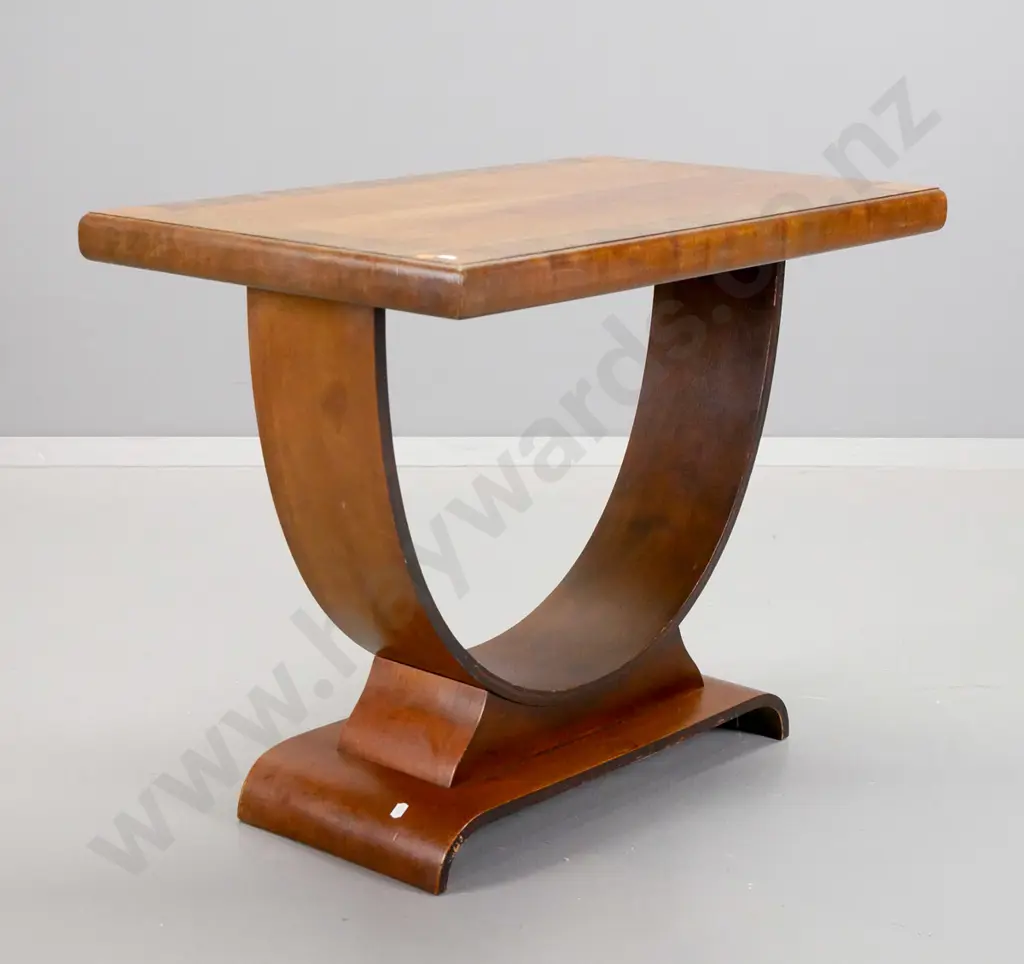 deco mixed timber hoop-based occasional table with cross-banded inlay veneer top H-570 W-730 D-440 Image 1++