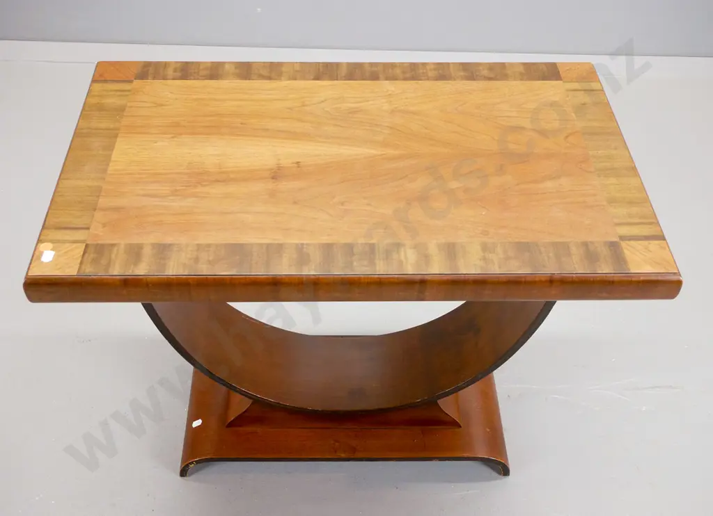 deco mixed timber hoop-based occasional table with cross-banded inlay veneer top H-570 W-730 D-440 Image 1++