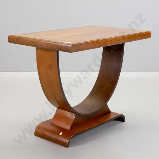 deco mixed timber hoop-based occasional table with cross-banded inlay veneer top H-570 W-730 D-440