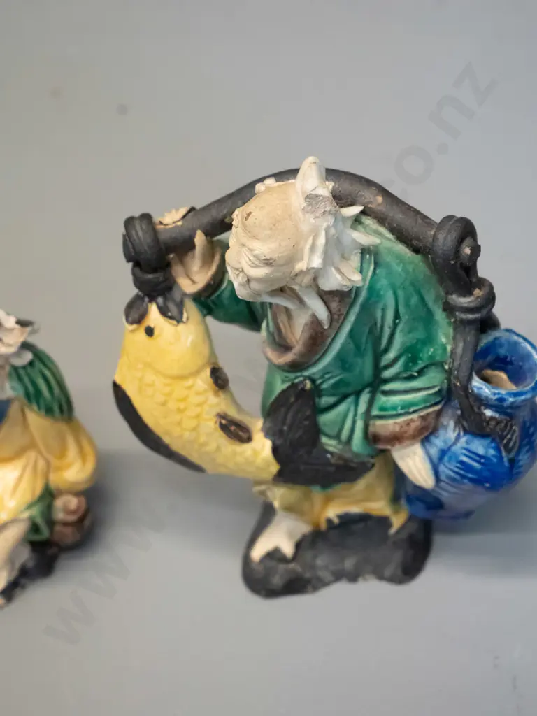 3 Chinese "mud" porcelain figures - smallest one has damage - largest is H-140 Image 1++