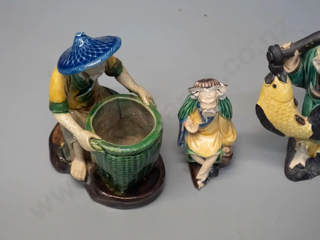 3 Chinese "mud" porcelain figures - smallest one has damage - largest is H-140 Image 1++