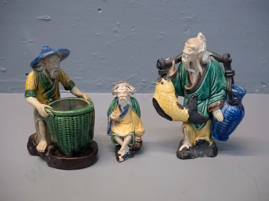 3 Chinese "mud" porcelain figures - smallest one has damage - largest is H-140 Image 1++