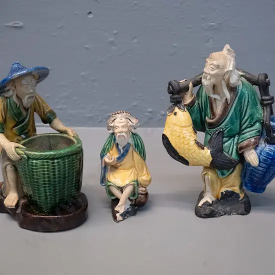 3 Chinese "mud" porcelain figures - smallest one has damage - largest is H-140
