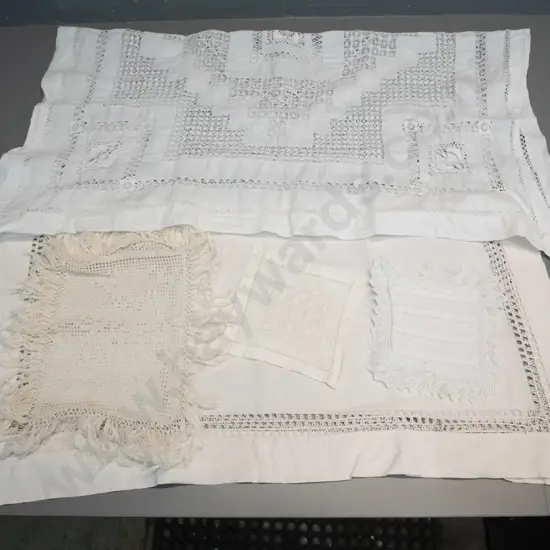 assorted vintage hand-stitched needlework - 2 supper cloths, handkerchief pouch and 2 mats