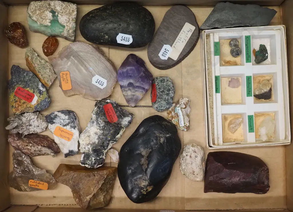 assorted mineral samples, pieces of pounamu, agate, quartz, kauri gum, etc. Image 1++