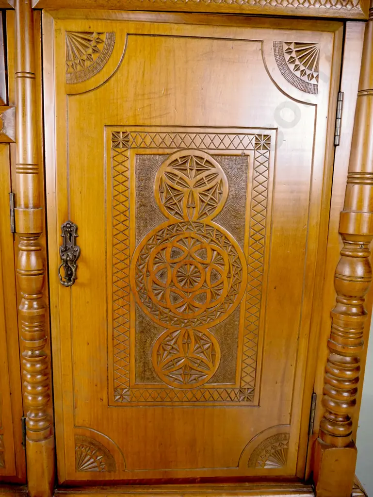 antique kauri sideboard, circa 1890, 4 doors and 4 drawers w/ mission-carved fronts. original brass handles, with key Image 1++