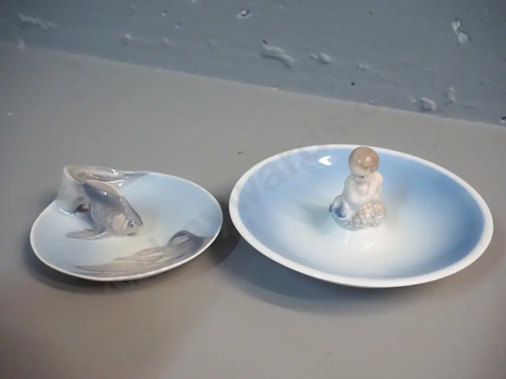 Royal Copenhagen blossom pattern items - 2 vases, larger is H-190, 4 pin dishes, relief leaping fish dish and one other Image 1++