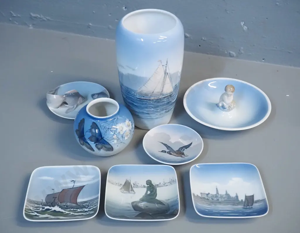 Royal Copenhagen blossom pattern items - 2 vases, larger is H-190, 4 pin dishes, relief leaping fish dish and one other Image 1++