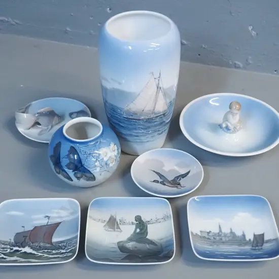 Royal Copenhagen blossom pattern items - 2 vases, larger is H-190, 4 pin dishes, relief leaping fish dish and one other