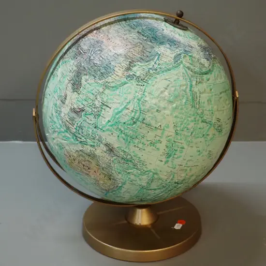Replogle USA world globe with metal base, relief terrain textured. H-400 D-340