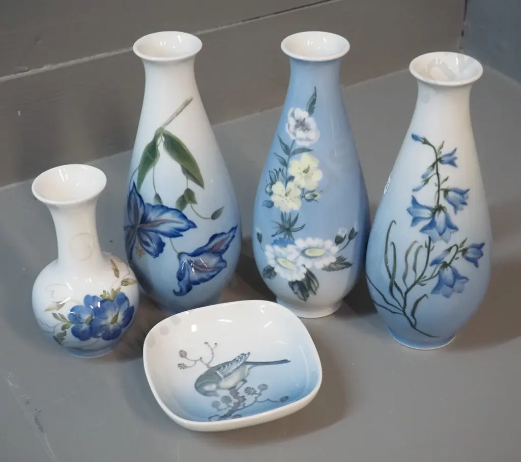5 Royal Copenhagen blossom pattern items - 4 floral vases, taller are H-190 and a small bird motif dish Image 1++