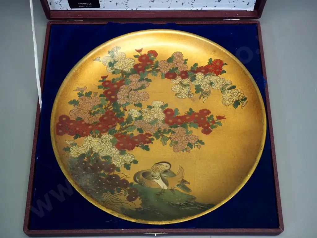 cased Chinese cloisonne-style metal pictorial charger / display plaque D-350 Image 1++