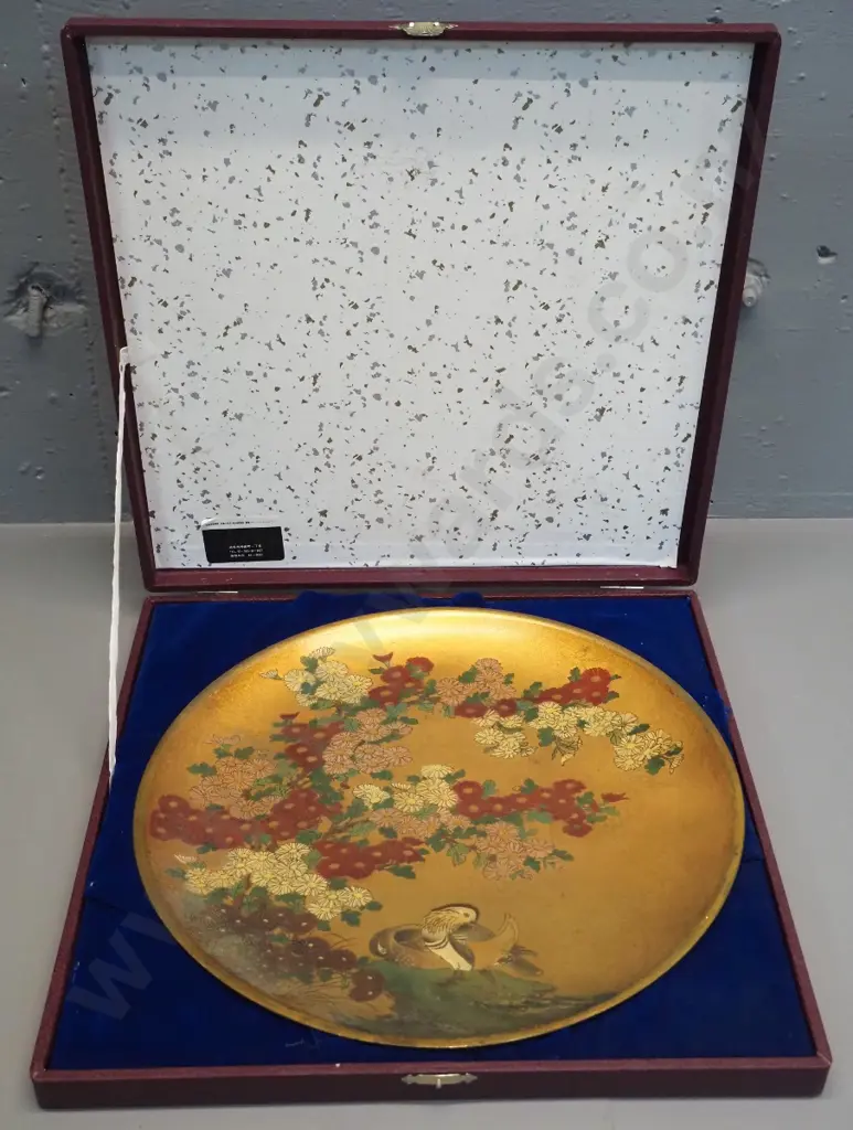 cased Chinese cloisonne-style metal pictorial charger / display plaque D-350 Image 1++