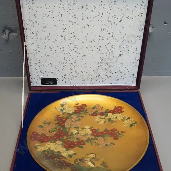 cased Chinese cloisonne-style metal pictorial charger / display plaque D-350