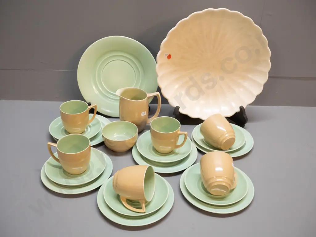 Branksome 21-piece tea set - green and gold plain glaze - and a large Shorter & Sons stipple-glaze bowl Image 1++