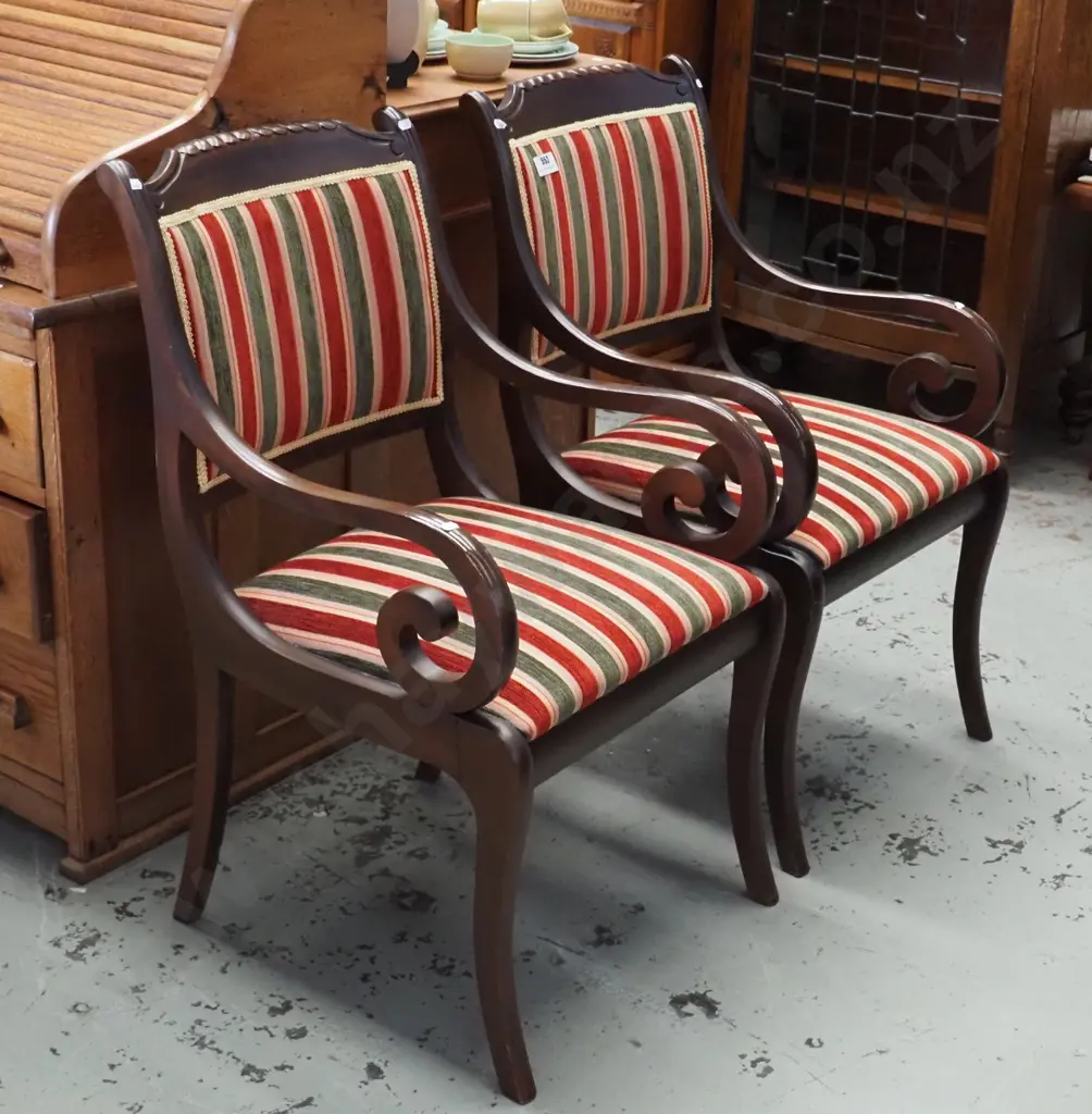 pair of reproduction mahogany bentwood armchairs with brocade and striped upholstery H-900 W-520 D-500 Image 1++