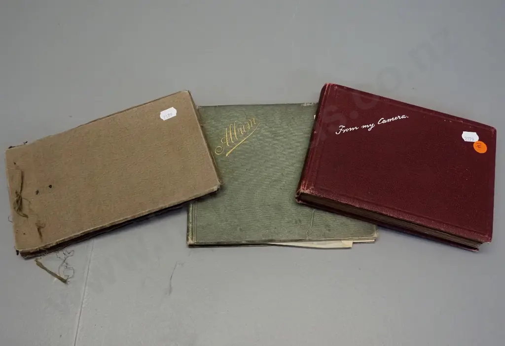 2 vintage photo albums with NZ photos and postcards - Wanaka, Dunedin, Wellington family photo and an autograph book w/ Image 1++