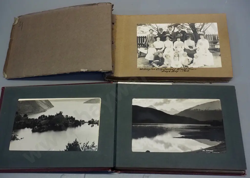 2 vintage photo albums with NZ photos and postcards - Wanaka, Dunedin, Wellington family photo and an autograph book w/ Image 1++