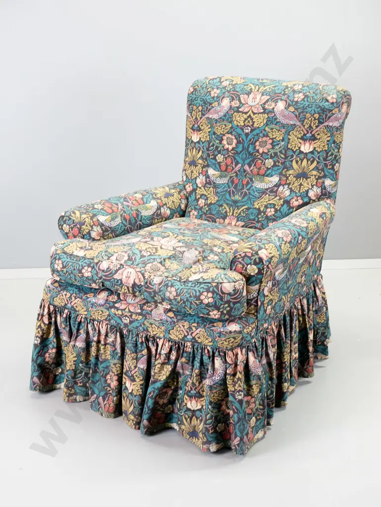 large high-backed rolled-arm chesterfield armchair covered in William Morris Strawberry Thief printed cotton Image 1++