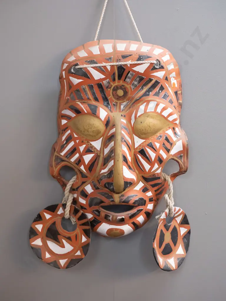 large glazed terracotta wall hanging mask with earrings - hard to make out markings or signature H-570 W-420 Image 1++